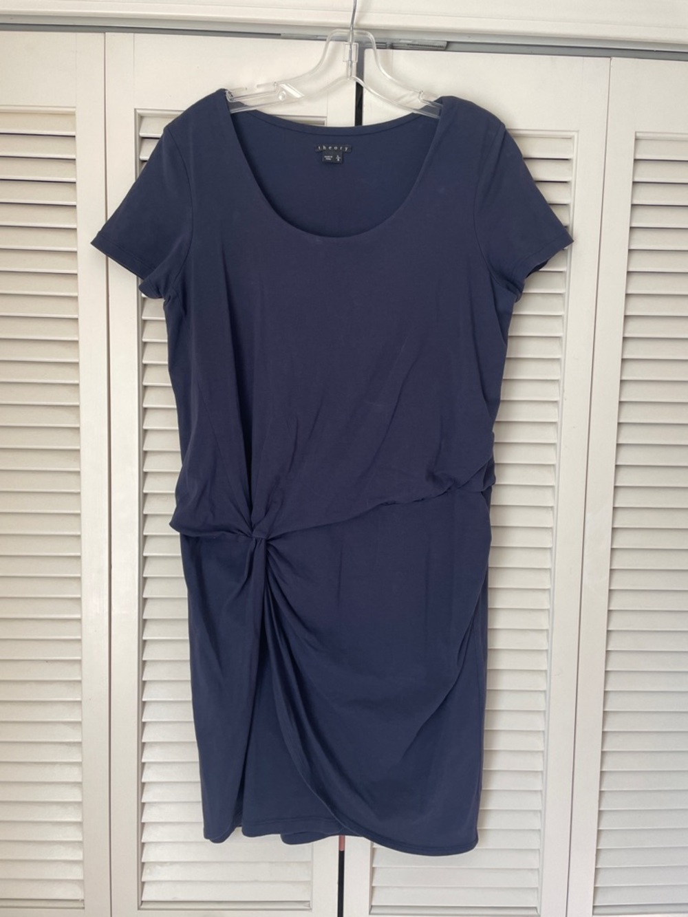 Theory Graceline Jersey Dress Sz L Navy scoop neck cap sleeves soft stretchy